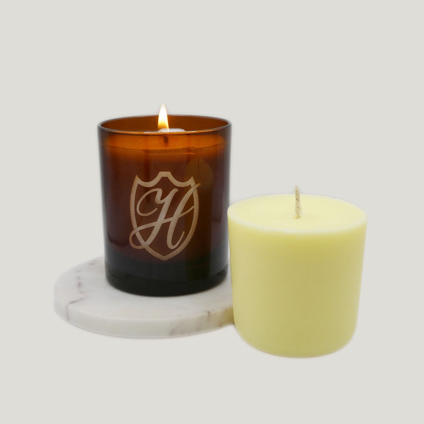 fall winter candle vessel and refill with marble slab