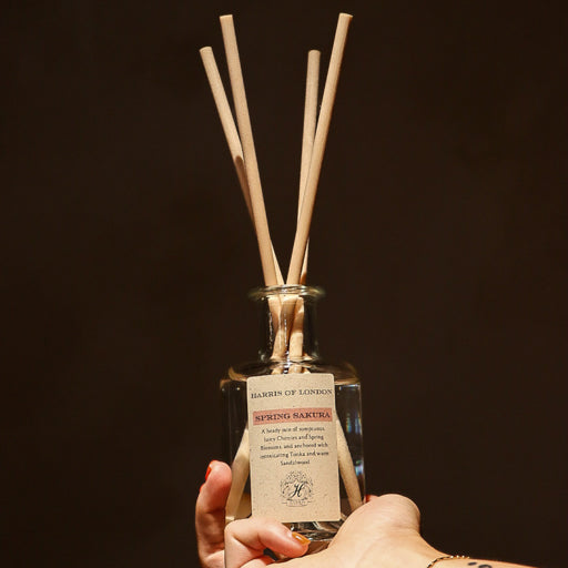 Glass read diffuser being held in a womans hand